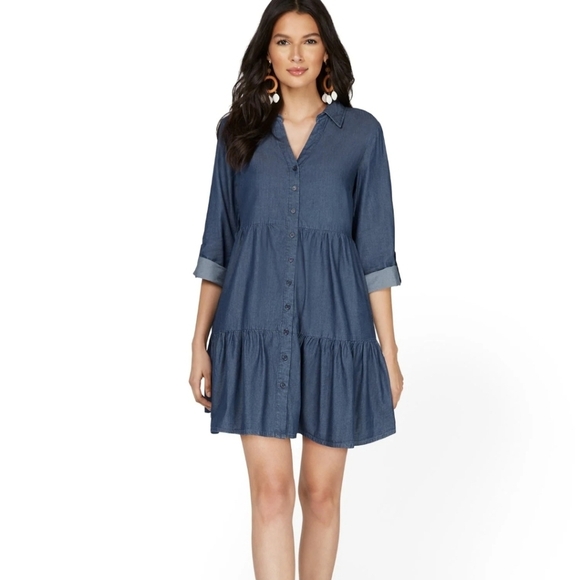 New York and Company Denim Chambray Button Front Roll up Sleeves Shirt D… - Picture 1 of 14